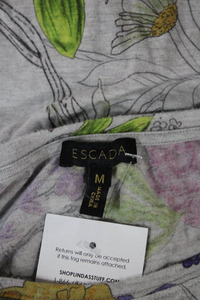 Escada Women Gray Scoop Neck Floral Cotton Short Sleeve T-Shirt Size M