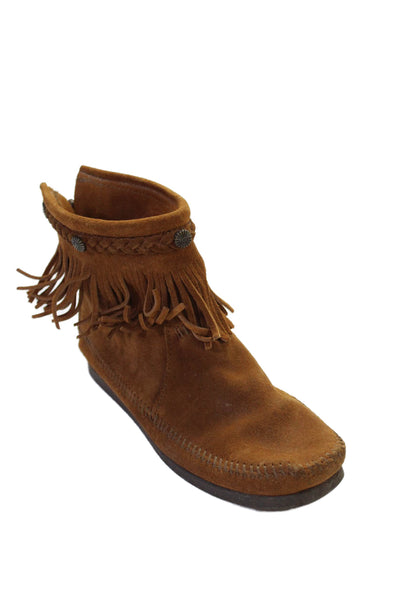 Minnetonka Womens Suede Fringe Trim Square Toe Ankle Boots Brown Size 9.5M