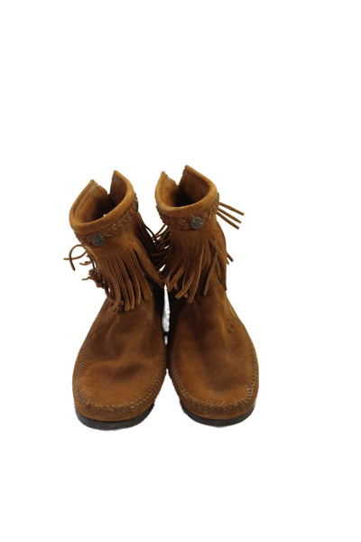 Minnetonka Womens Suede Fringe Trim Square Toe Ankle Boots Brown Size 9.5M