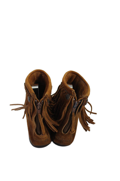 Minnetonka Womens Suede Fringe Trim Square Toe Ankle Boots Brown Size 9.5M