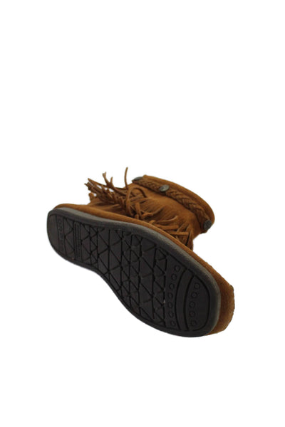 Minnetonka Womens Suede Fringe Trim Square Toe Ankle Boots Brown Size 9.5M