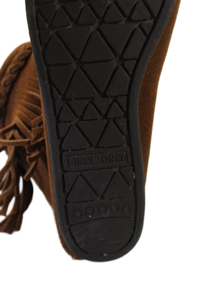 Minnetonka Womens Suede Fringe Trim Square Toe Ankle Boots Brown Size 9.5M