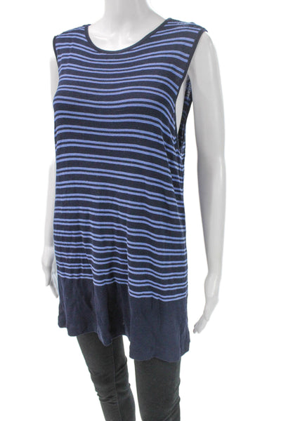 Saks Fifth Avenue Women Tunic Sleeveless Striped Blue Rayon Round Neck Size XL