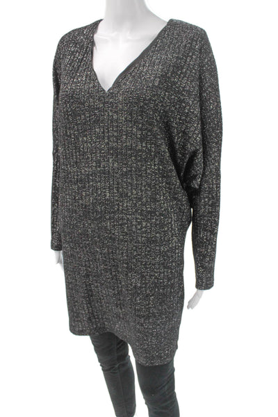 Adrianna Papell Womens Sweater Dress Black V-Neck Long Sleeve Polyester Size 10