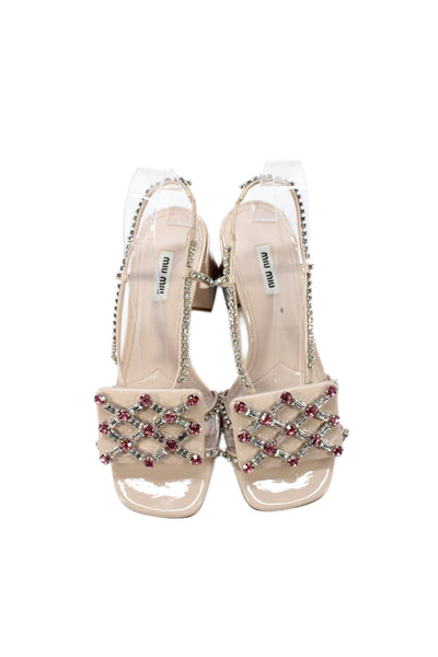 Miu Miu Womens Leather Jeweled Slingbacks Sandal Heels Pink Size 39 9