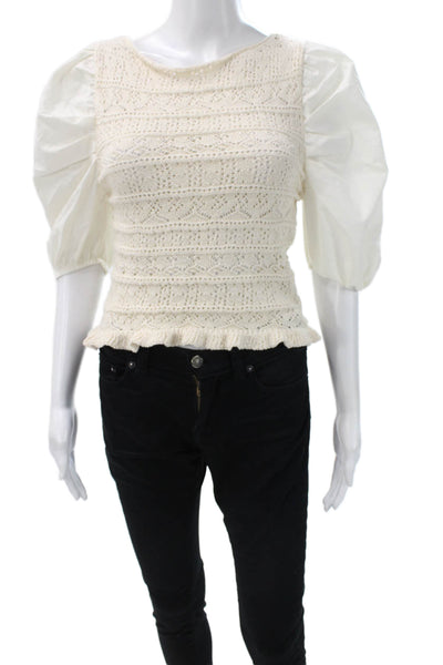 Zara Womens Basic Blouse Ivory 3/4 Sleeve Boat Neck Cotton Geometric Size M