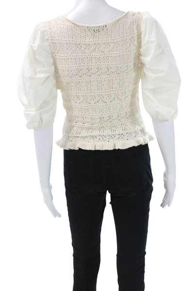 Zara Womens Basic Blouse Ivory 3/4 Sleeve Boat Neck Cotton Geometric Size M