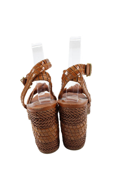 Vince Camuto Womens Leather Woven Ankle Buckled Block Heels Brown Size 8.5