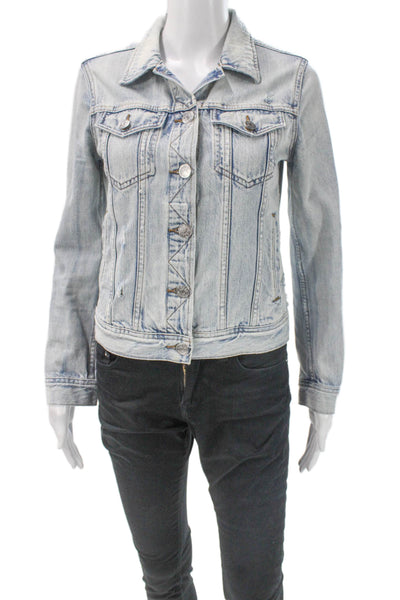 J Crew Women Basic Denim Jacket Blue Collared Button Long Sleeve Size XS