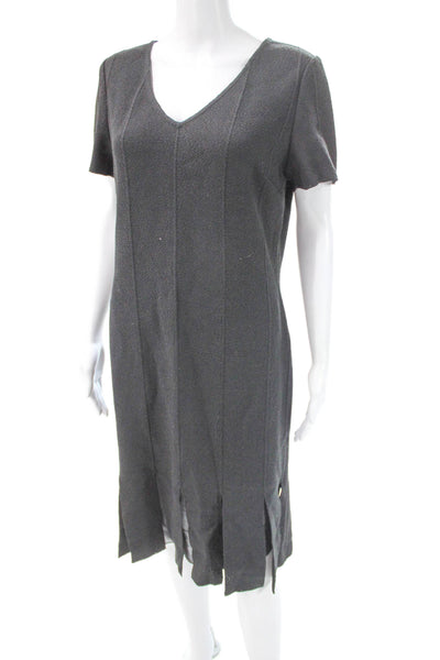 St. John Women Sheath Dress Black Wool V-Neck Short Sleeve Zip Size 8