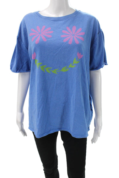 We The Free Womens Floral Crew Cotton Tee Blue Short Sleeve Size S