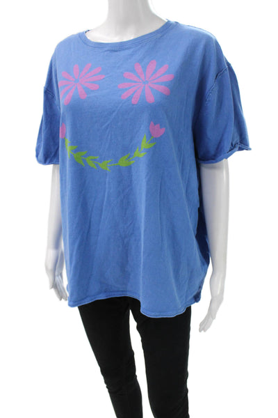 We The Free Womens Floral Crew Cotton Tee Blue Short Sleeve Size S