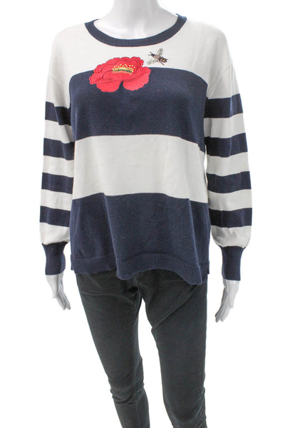 Elliott Lauren Women White Floral Striped Cotton Pullover Sweater Size M