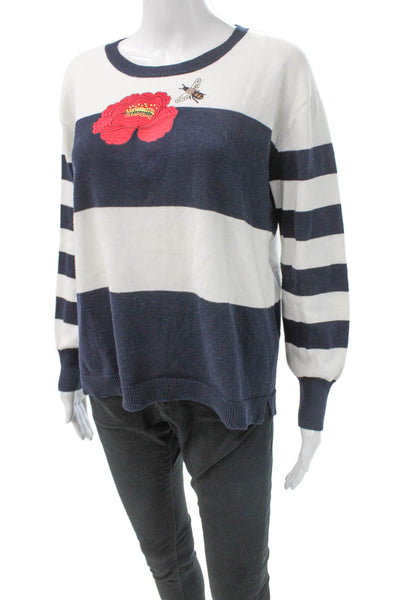 Elliott Lauren Women White Floral Striped Cotton Pullover Sweater Size M