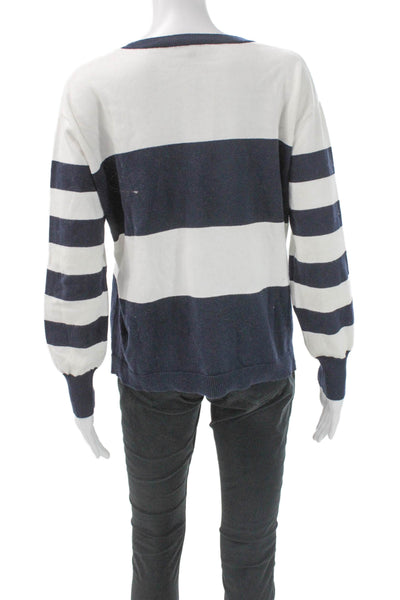 Elliott Lauren Women White Floral Striped Cotton Pullover Sweater Size M