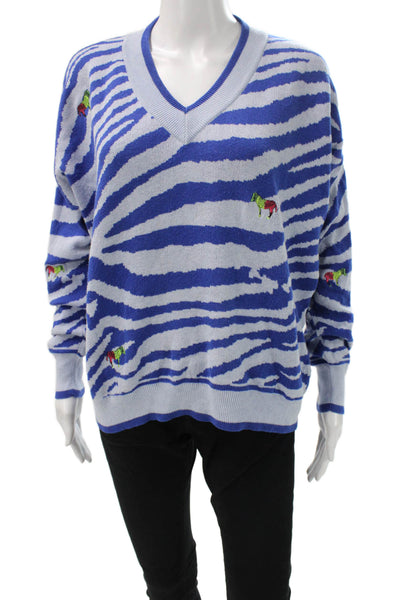 WISPR Womens Pullover V-Neck Zebra Print Blue Long Sleeve Size M