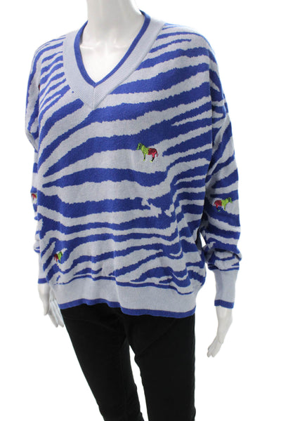 WISPR Womens Pullover V-Neck Zebra Print Blue Long Sleeve Size M