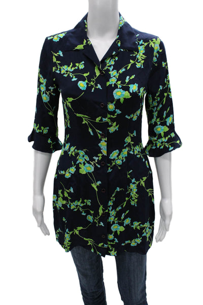 Jussara Womens Silk Floral Collared Tunic Button Up Blue 3/4 Sleeve Size S