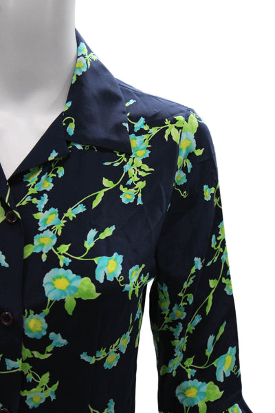 Jussara Womens Silk Floral Collared Tunic Button Up Blue 3/4 Sleeve Size S