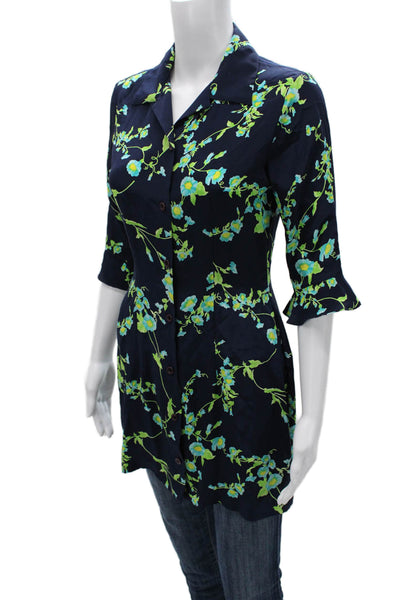 Jussara Womens Silk Floral Collared Tunic Button Up Blue 3/4 Sleeve Size S