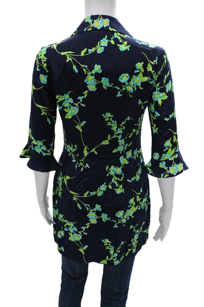 Jussara Womens Silk Floral Collared Tunic Button Up Blue 3/4 Sleeve Size S