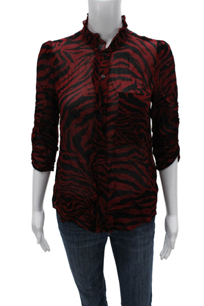 Ba&Sh Womens Red Animal Print High Neck Viscose Blouse Button 3/4 Sleeve Size 4