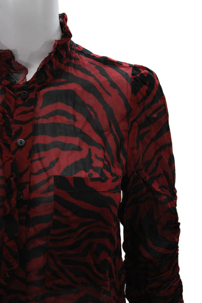 Ba&Sh Womens Red Animal Print High Neck Viscose Blouse Button 3/4 Sleeve Size 4