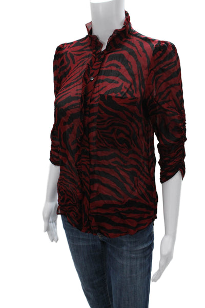 Ba&Sh Womens Red Animal Print High Neck Viscose Blouse Button 3/4 Sleeve Size 4