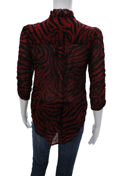 Ba&Sh Womens Red Animal Print High Neck Viscose Blouse Button 3/4 Sleeve Size 4