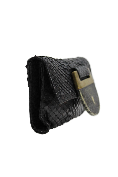 R&Y Augousti Womens Snake Embossed Leather Stingray Trim Clutch Handbag Black