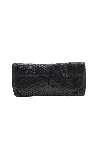 R&Y Augousti Womens Snake Embossed Leather Stingray Trim Clutch Handbag Black