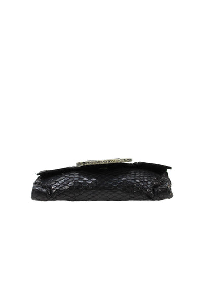 R&Y Augousti Womens Snake Embossed Leather Stingray Trim Clutch Handbag Black
