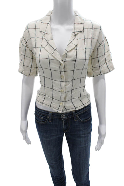 Madewell Womens Cropped Linen Check Button Short Sleeve Blouse White Size XL