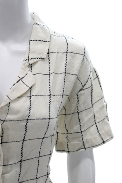 Madewell Womens Cropped Linen Check Button Short Sleeve Blouse White Size XL