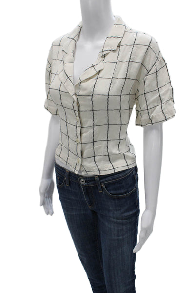 Madewell Womens Cropped Linen Check Button Short Sleeve Blouse White Size XL