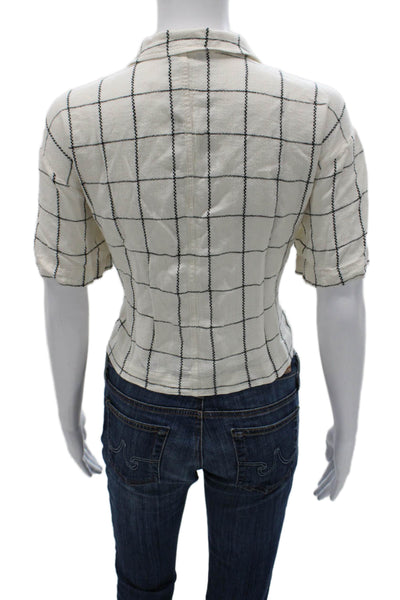 Madewell Womens Cropped Linen Check Button Short Sleeve Blouse White Size XL