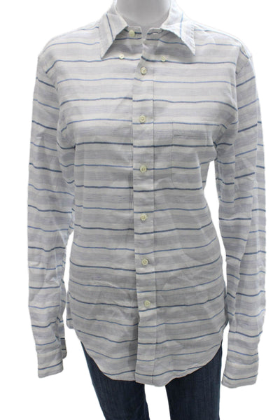 Brooks Brothers Men Button Up White Linen Striped Collared Long Sleeve Size M