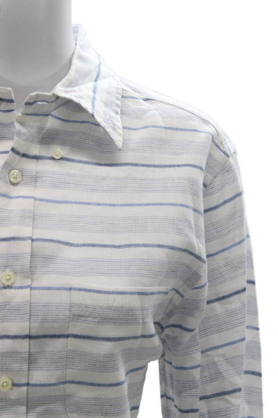 Brooks Brothers Men Button Up White Linen Striped Collared Long Sleeve Size M