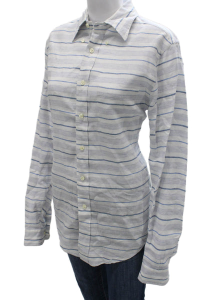 Brooks Brothers Men Button Up White Linen Striped Collared Long Sleeve Size M