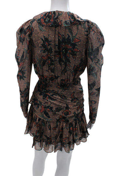 Ulla Johnson Women Fit & Flare Silk Floral V Neck Long Sleeve Dress Size 0