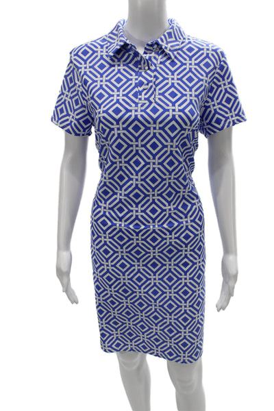Jude Connally Women Shirt Dress Blue Geometric Collared Short Sleeve Size L