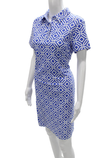 Jude Connally Women Shirt Dress Blue Geometric Collared Short Sleeve Size L