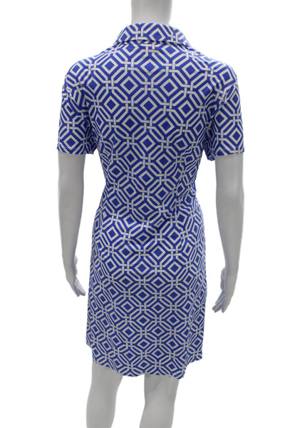 Jude Connally Women Shirt Dress Blue Geometric Collared Short Sleeve Size L