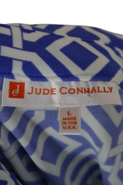 Jude Connally Women Shirt Dress Blue Geometric Collared Short Sleeve Size L