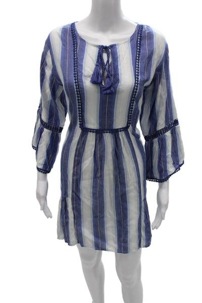 Bindu Womens Shift Dress Blue Striped Viscose 3/4 Sleeve Tie Waist Size M