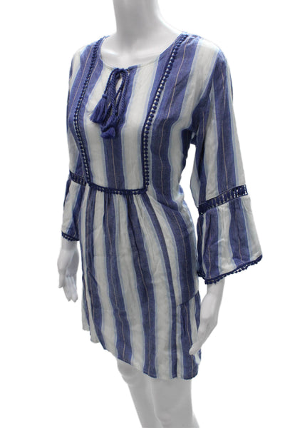Bindu Womens Shift Dress Blue Striped Viscose 3/4 Sleeve Tie Waist Size M