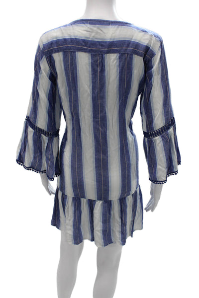 Bindu Womens Shift Dress Blue Striped Viscose 3/4 Sleeve Tie Waist Size M