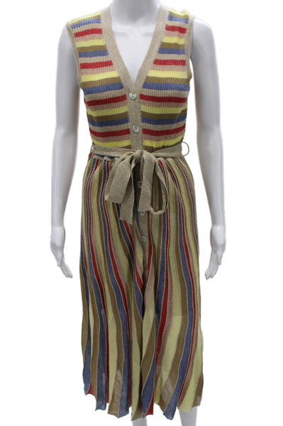 Marella Womens Maxi Striped V-Neck Button Viscose Dress Sleeveless Size L