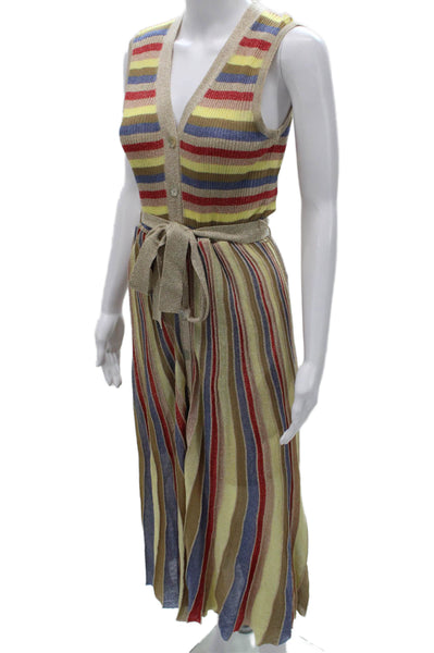 Marella Womens Maxi Striped V-Neck Button Viscose Dress Sleeveless Size L