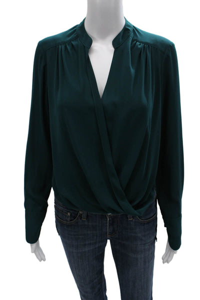 BCBGMAXAZRIA Womens Basic V Neck Green Viscose Long Sleeve Blouse Size XS